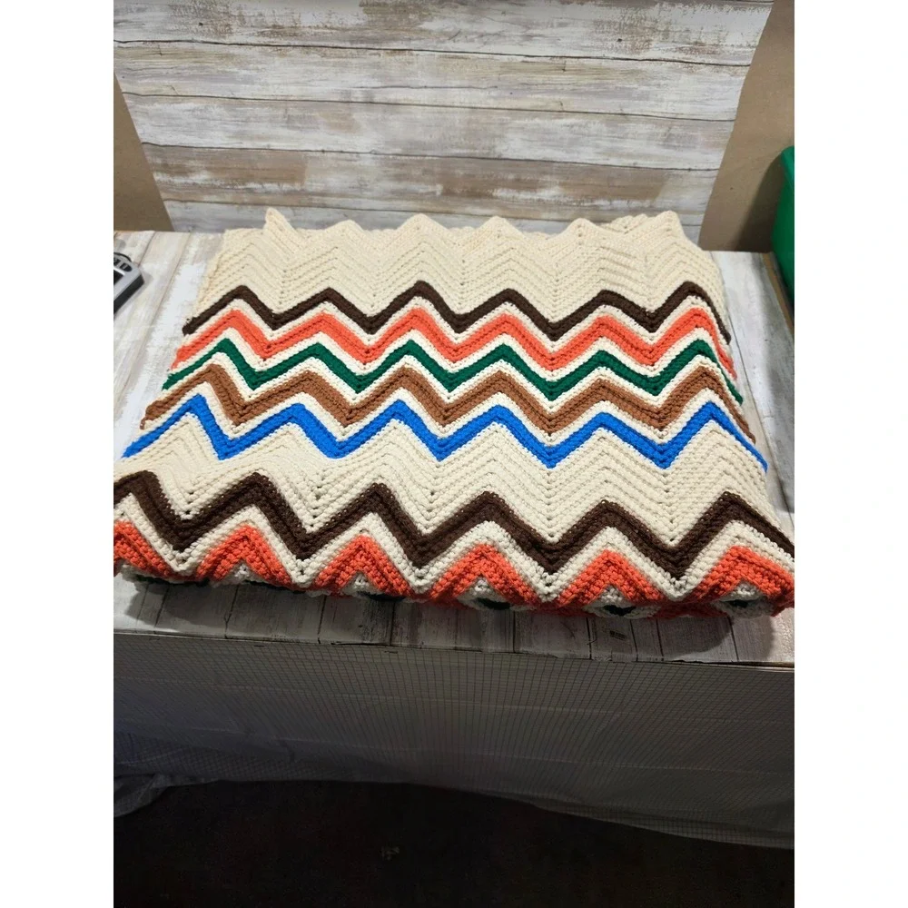 Vintage Handmade Crochet Afghan Blanket Chevron Ripple Multi Color 49x88 Throw